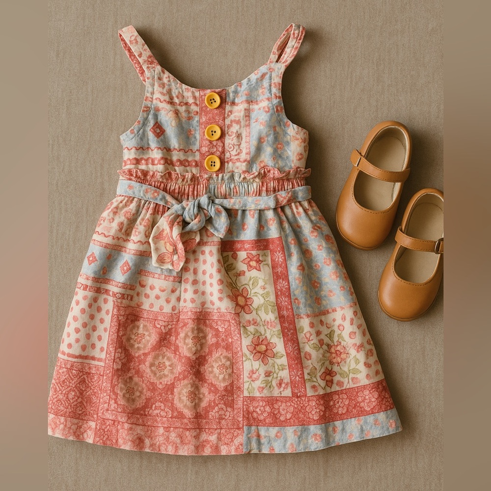 Vince Camuto Girls Boho Patchwork Sundress Size 5 Linen Blend Floral Print Dress